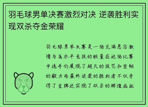羽毛球男单决赛激烈对决 逆袭胜利实现双杀夺金荣耀