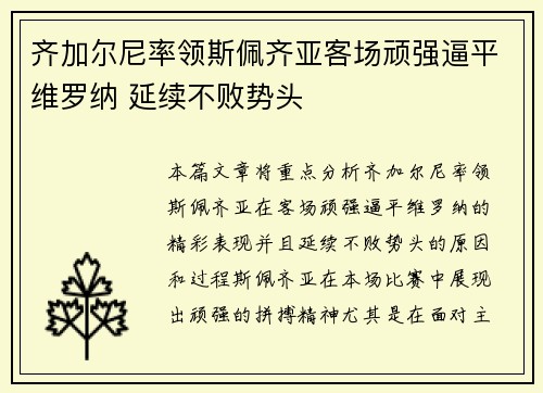 齐加尔尼率领斯佩齐亚客场顽强逼平维罗纳 延续不败势头