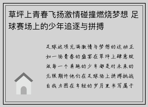 草坪上青春飞扬激情碰撞燃烧梦想 足球赛场上的少年追逐与拼搏